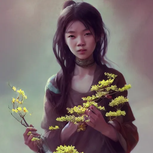 Image similar to Concept art, Chinese girl holding jasmine flowers, 8k, james gurney, greg rutkowski, john howe, artstation