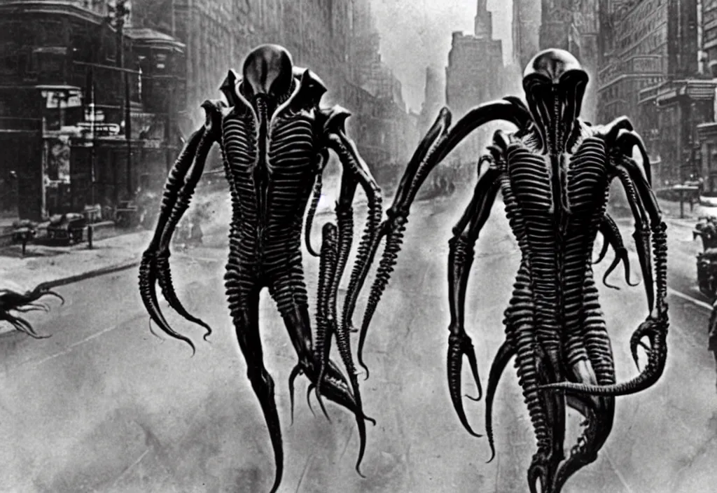 Image similar to old black and white photo, 1 9 1 3, depicting a xenomorph from the movie aliens rampaging through the bustling streets of toronto, historical record