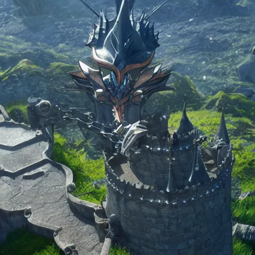 Image similar to Final Fantasy Dragoon on top of a castle, unreal 5, stunning, high detail,