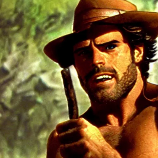 Prompt: a film still of Joseph Joestar from Battle Tendency in Raiders of the Lost Ark(1981)