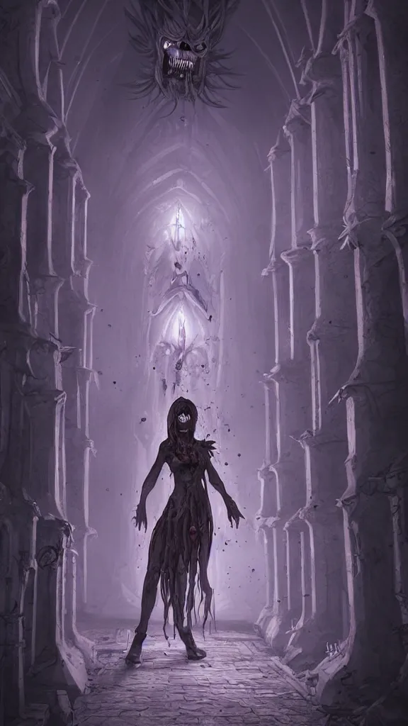 Image similar to zombie wizard girl character standing in crypts casting a spell, 3 point perspective, photorealistic, volumetric lighting, intricate detail, digital art, Created by Artgerm