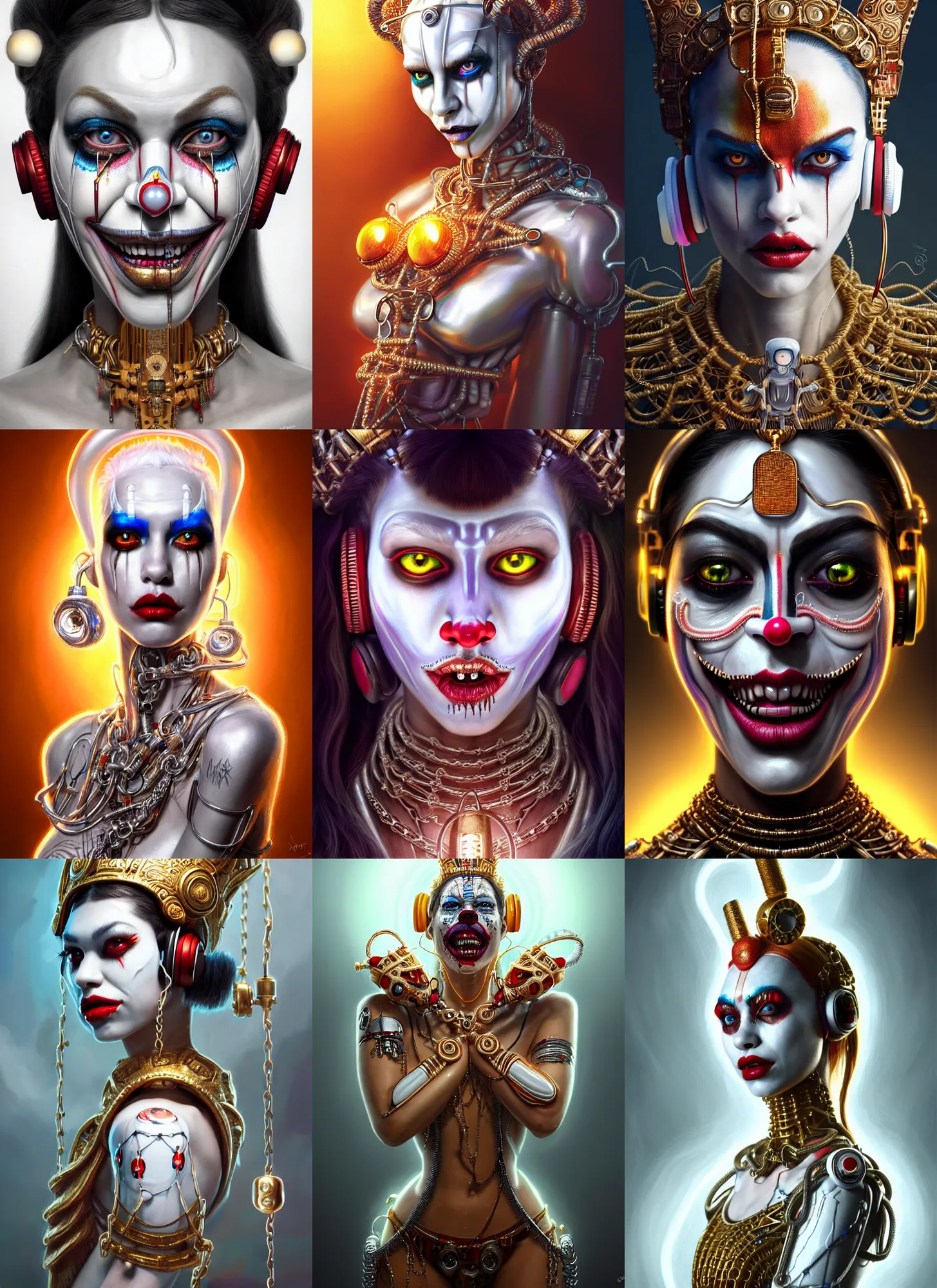 Prompt: bright white polished chained clowncore cyborg : : disney weta portrait, soft mayan queen devil madison beer, bling earbuds, hi - fructose, sci - fi fantasy intricate decadent highly - detailed digital painting, golden ratio, octane render, artstation, concept art, smooth, sharp focus, illustration, artgerm, mucha, loish, wlop