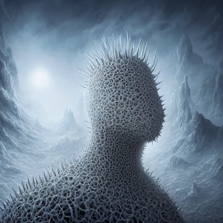 Image similar to surreal portrait of white demon covered with ribbed white spiky spiral crooked fractals, in wastelands on white exoplanet, baroque portrait painting, beautiful intricate insanely detailed octane render, artstation, 8 k artistic harsh flash photography, photorealistic, volumetric perfect light, chiaroscuro, raphael, caravaggio, beksinski, rutkowski, giger