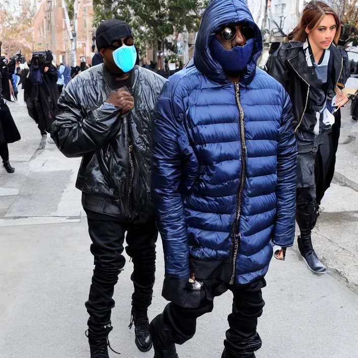 Image similar to kanye west using a full face covering black mask, a small bright blue round puffer jacket made of nylon and big black rubber boots,