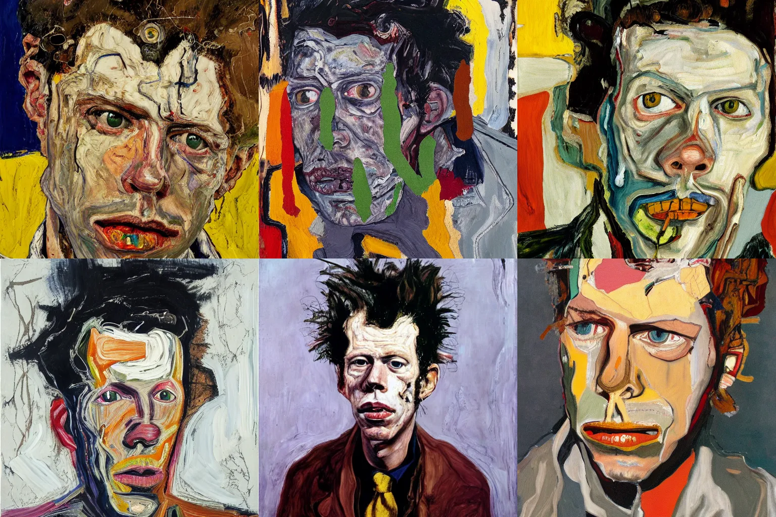 Prompt: oilpainting portrait of tom waits, in the style of lucian freud, by basquiat, by lucian freud, by lucian freud, by lucian freud, by lucian freud, by lucian freud by egon schiele