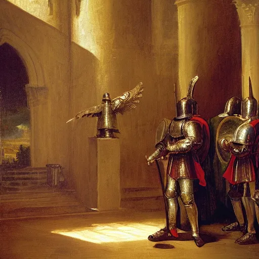 Prompt: an oil painting of a knight wearing plate armor in a church, 4 k, highly detailed, painted by thomas cole
