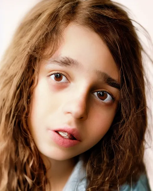 Image similar to photo portrait 1 5 - year old girl with lush brown hair, hermione granger, large front teeth, and bright piercing brown eyes, hyper realistic face, beautiful eyes, by mario testino