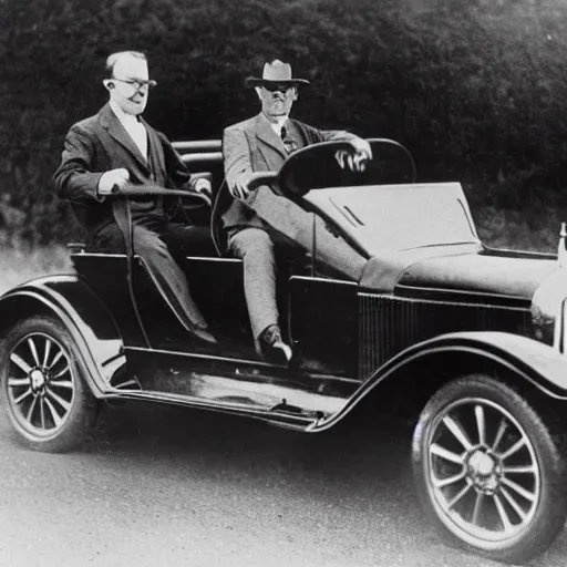 Image similar to teddy roosevelt driving a tesla, black and white photograph