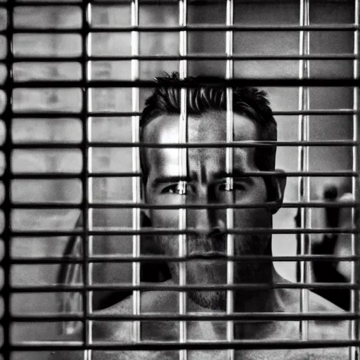 Prompt: photo of Ryan Reynolds in jail, looking sad, highly detailed, high quality, HD, 4k, 8k, Canon 300mm, professional photographer, 40mp, lifelike, top-rated, award winning, realistic, sharp, no blur, edited, corrected, trending