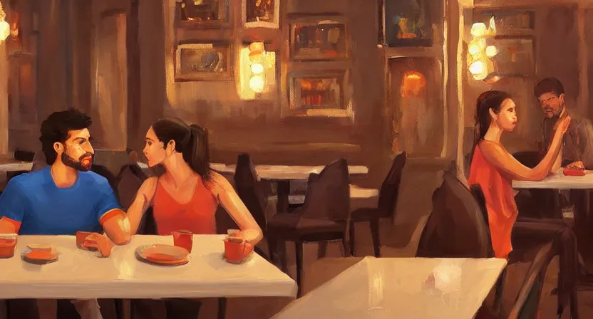 Image similar to a guy and a girl on a date in a restaurant, far corner. art by salman toor. faithfully depicted facial expression, perfect anatomy, sharp focus, global illumination, radiant light, detailed and intricate environment, trending on artstation