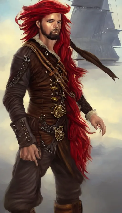 Image similar to portrait of a male pirate with flowing red hair!!!!!!, airship in the background!!!!!!, lean body!!, Steampunk!!!!!!!, D&D, fantasy, simple clothing!!!!, elegant, highly detailed, digital painting, artstation, concept art, sharp focus, illustration, art by Artgerm and Greg Rutkowski and Alphonse Mucha