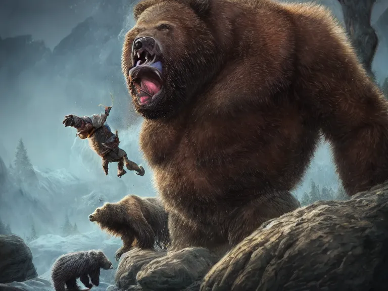 Image similar to Dwarf fights Grizzly Bear, RPG Portrait, Oil Painting, Trending on Artstation, octane render, Insanely Detailed, 8k, HD