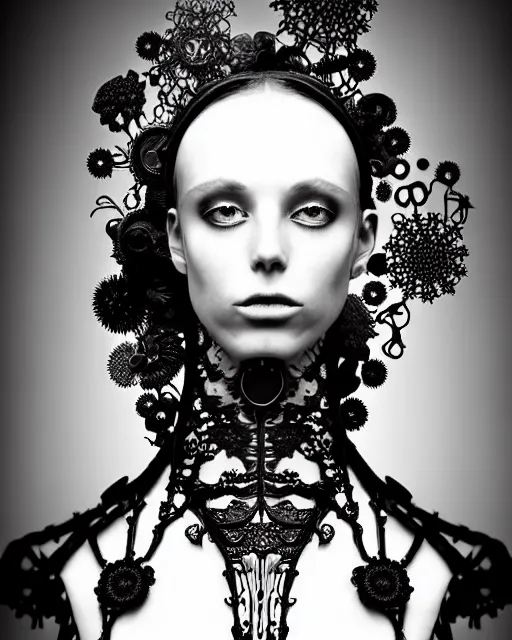 Image similar to surreal dark poetic black and white photo portrait of complex bio-mechanical beautiful young silver female vegetal-cyborg with a Mandelbrot fractal steampunk metal fine lace face, a very long neck and a fine metal floral foliage super big lace collar by Alexander McQueen:: smoke, high fashion, haute couture, rococo, steampunk, silver filigree details, anatomical, facial muscles, cable wires, microchip, elegant, dreamy, foggy atmosphere, hyper realistic, 150 mm lens, soft rim light, octane render, unreal engine, picture was taken in 1910 by Man Ray, volumetric lighting, dramatic light,8k,