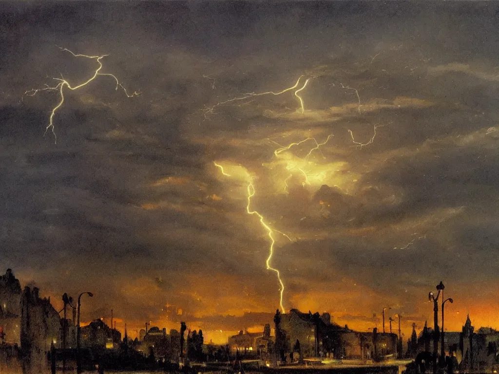 Image similar to a weird painting of a a lightning storm over a small town at night by john philip falter, camille corot, concept art, artstation