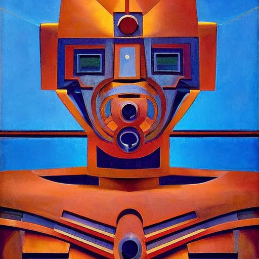 Prompt: the robot wearing her human mask, by christopher kit williams and nicholas roerich, symbolist, dramatic lighting, elaborate geometric ornament, art brut, god rays, soft cool colors, smooth, sharp focus, extremely detailed