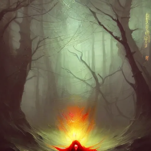 Image similar to ''cinematic shot'' red hooded mage ( spectre ) with leaves falling simetrical 8 k atmosferic realistic, green cape, holding a bell, made by ivan aivazovsky, peter mohrbacher, greg rutkowski volumetric light effect broad light oil painting painting fantasy art style sci - fi art style realism premium prints available artwork unreal engine