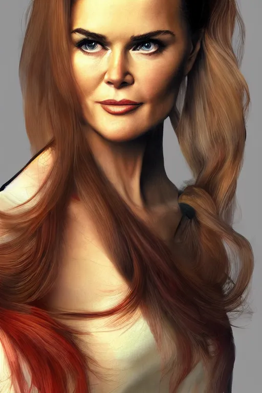 Prompt: mix of beautiful young maria shriver, mariel hemmingway, brooke shields, nicole kidman and elle macpherson as an alien creature, thin lips, hair tied up in a pony tail, dark blonde hair, colorful, artstation, cgsociety