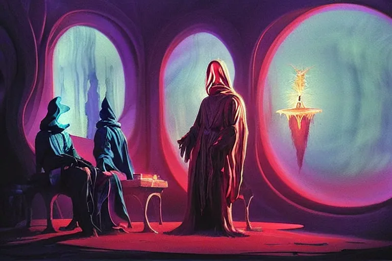 Prompt: A beautiful-masterpiece-painting of a technomancer-wizard-in-robes-with-pointed-hood discussing-sentience with his synthesized-Al-djinn in his laboratory near a computer (by Remedios Varo and Anato Finnstark and Greg Rutkowski), (dayglo pink, dayglo blue, dazzle camouflage), 8k, trending on ArtStation