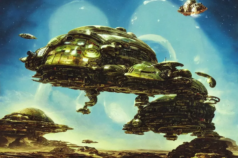 Image similar to an epic chris foss painting of a turtle spaceship orbiting an alien planet