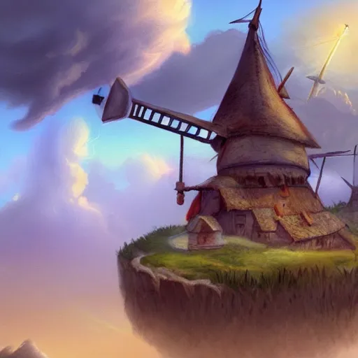 Prompt: A floating island in the clouds with a small medieval village and a windmill on top of it, D&D, magical, highly detailed, digital painting, trending on artstation, 8k