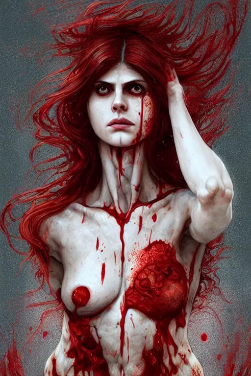 Prompt: woman skeleton covered with blood, alexandra daddario face, long red hair, ultra realistic, concept art, intricate details, highly detailed, photorealistic, octane render, 8 k, unreal engine. retro film still, heavy grain, 3 5 mm, art by artgerm and greg rutkowski and alphonse mucha