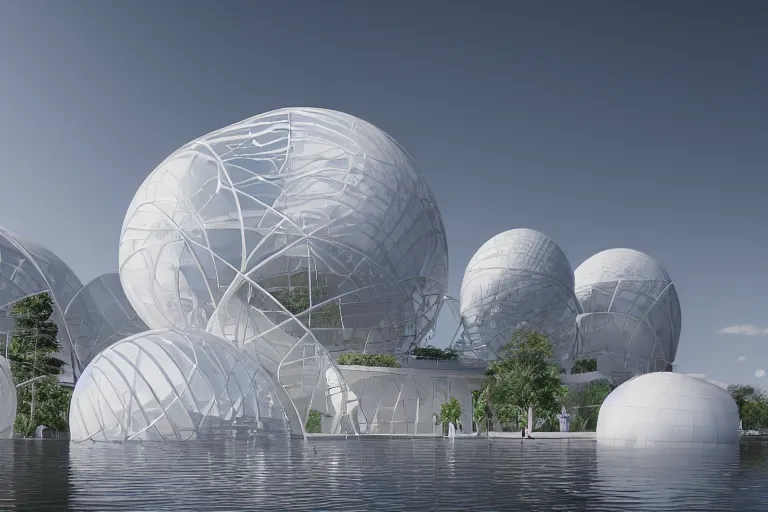 Image similar to a building composed of many white spherical egg shaped circular spaces arranged up and down. on the calm lake, people's perspective modern curved architecture, future, wood, marble, metal award winning, highly detailed 4 k art, dusk, unreal engine highly rendered, global illumination, radial light, internal environment by kazuyo sejima