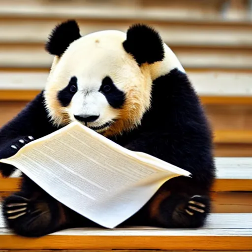 Prompt: happy panda reading student papers