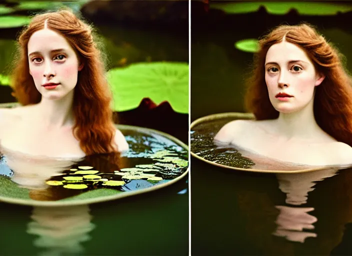 Prompt: Kodak Portra 400, 8K, soft light, volumetric lighting, highly detailed, britt marling style 3/4 ,portrait photo of a beautiful woman how pre-Raphaelites painter, the face emerges from the water of a pond with water lilies, inspired by Julie Dillon and John Everett Millais, a beautiful lace dress and hair are intricate with highly detailed realistic beautiful flowers , Realistic, Refined, Highly Detailed, natural outdoor soft pastel lighting colors scheme, outdoor fine art photography, Hyper realistic, photo realistic