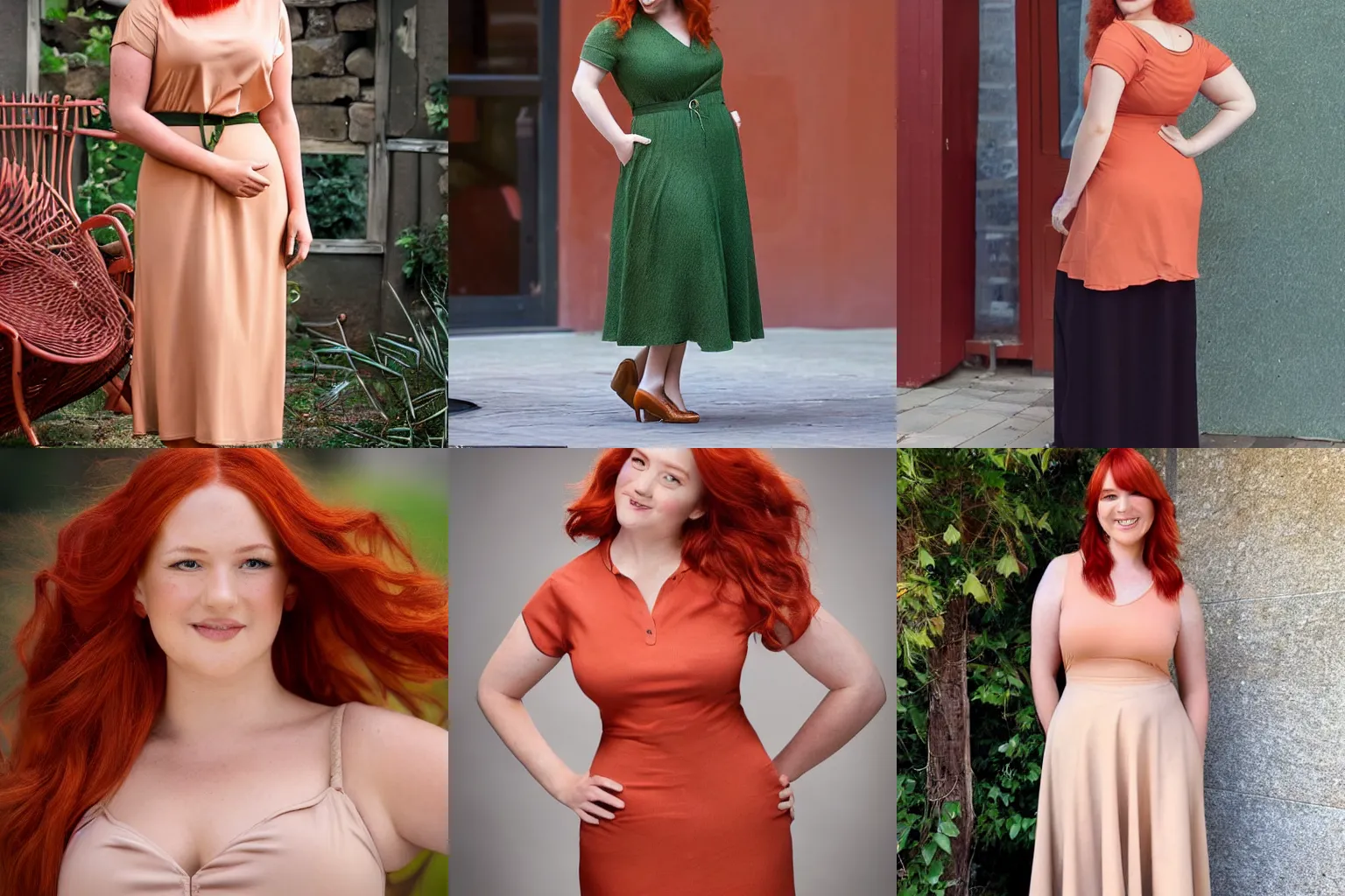 Prompt: Cinnabar Cedar is a woman with wild copper red hair, green eyes and a soft but very curvy figure. Her face is round and she always wears a gentle smile. She generally dresses in light beige blouses and long skirts in any earth tones