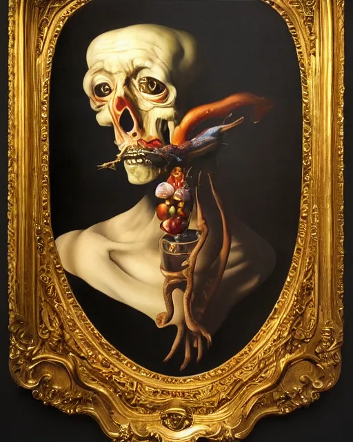 Image similar to refined gorgeous blended oil painting with black background by christian rex van minnen rachel ruysch dali todd schorr of a chiaroscuro portrait of an extremely bizarre disturbing man with shiny skin chrome surfaces dutch golden age vanitas intense chiaroscuro cast shadows obscuring features dramatic lighting perfect composition masterpiece