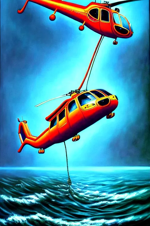 Prompt: a hyperrealistic painting of a helicopter being dragged into the water be sea creature, cinematic horror by chris cunningham, lisa frank, richard corben, highly detailed, vivid color,