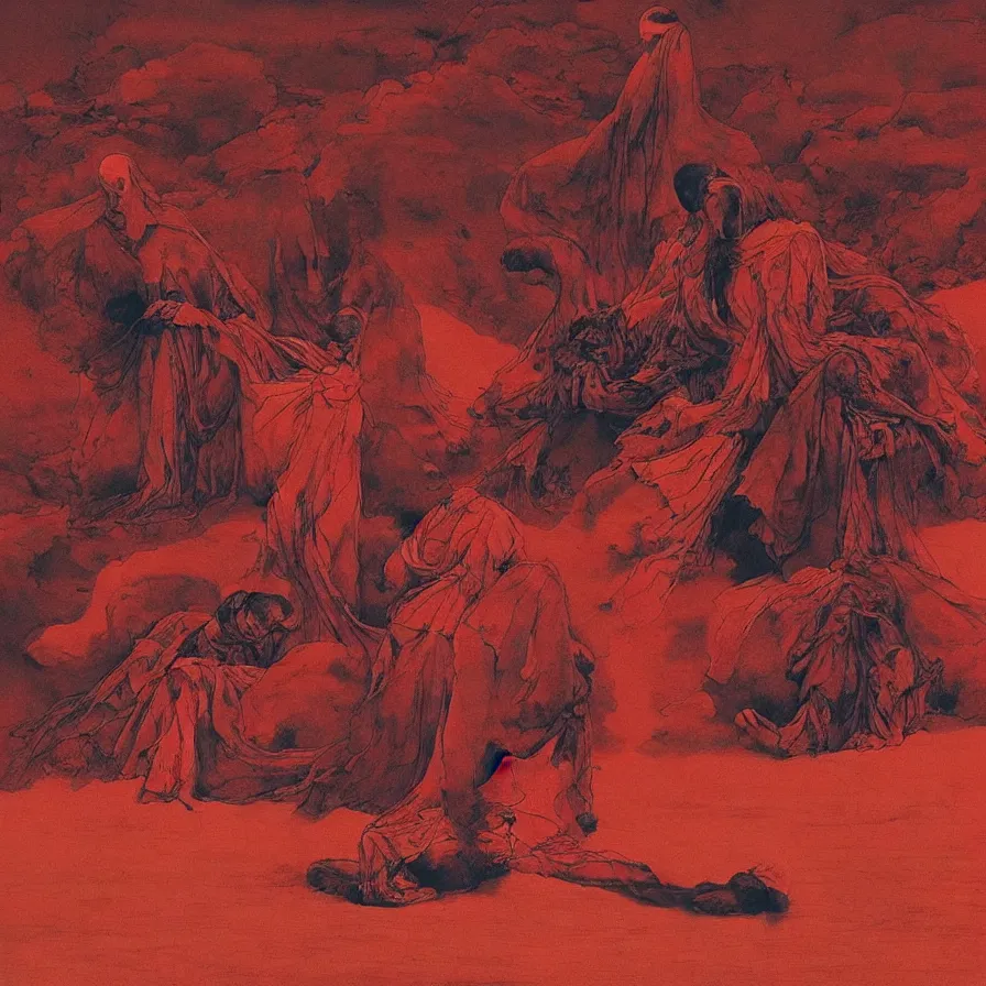 Image similar to faceless monks on a desert, red color scheme, high detailed beksinski painting, by adrian ghenie and gerhard richter. art by takato yamamoto. masterpiece, deep colours