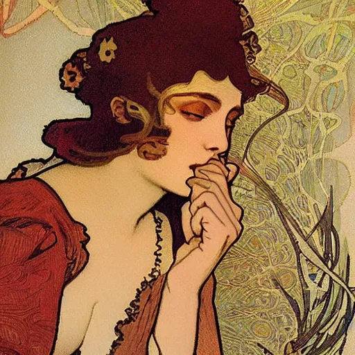 Prompt: cigarette in woman's hand painting by mucha