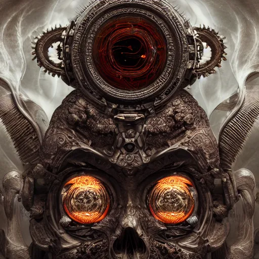 Image similar to many eyed deity artifact with circuitry structure skull and neural network mind, intricate detail, royo, whealan, giger, hd, 8 k, octane render, unreal engine,