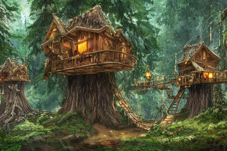 Image similar to various treehouses mounted on giant redwood tree trunks, interconnected by rope bridges, fantasy setting, dense vegetation, very detailed, d & d concept art, 4 k