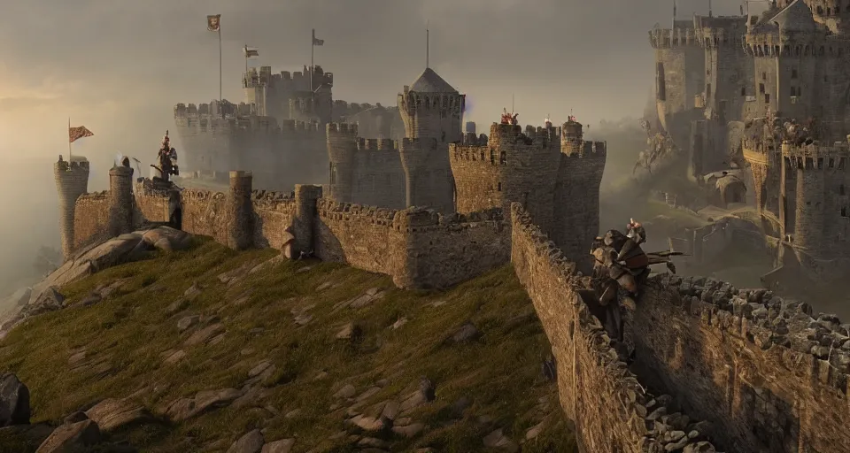 Image similar to ten medieval soldiers atop a castle wall looking over a vast medieval kingdom rule by an evil king. it is a quiet morning. mist, epic, cinematic, volumetric lighting, symmetry, fantasy style, highly - detailed, unreal 5, realism