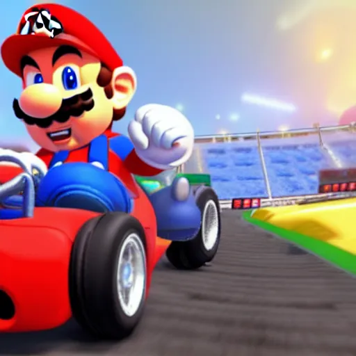 Prompt: super mario driving a bugatti chiron in mario kart 8, screenshot