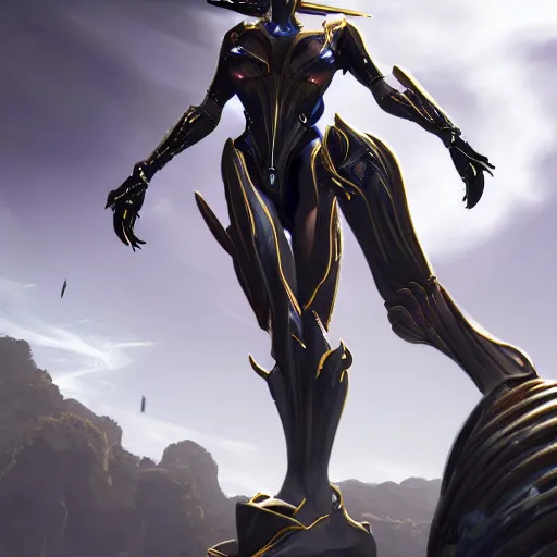 Image similar to beautiful and stunning giant prime female warframe, doing an elegant pose over you, you looking up at her from the ground pov shot, unaware of your existence, slick elegant design, sharp claws, detailed shot legs-up, highly detailed art, epic cinematic shot, realistic, professional digital art, high end digital art, DeviantArt, artstation, Furaffinity, 8k HD render, epic lighting, depth of field