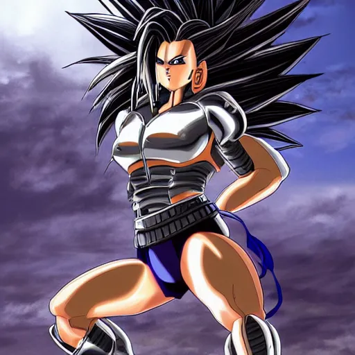 Prompt: 19-year-old muscular warrrior girl wearing chrome silver armor and black spandex pants, long wild spiky black Saiyan hair, wild black hair, tropical, palm trees, chrome buildings, futuristic base, 1987, anime, pulp art, HD art, wallaper