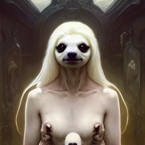 Prompt: an albino sloth as the as the deadly sin sloth!! intricate elegant, highly detailed, digital painting, artstation, concept art, smooth, sharp focus, illustration, art by ( ( ( artgerm ) ) ) and greg rutkowski! and ( ( alphonse mucha ) ), heavily influenced by frank frazetta and boris vallejo, sword and sorcery