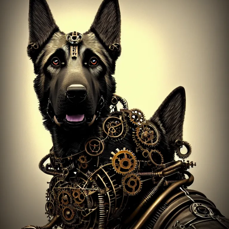 Image similar to steampunk cybernetic biomechanical german shepard, front facing, symmetric, 3 d model, very coherent symmetrical artwork, unreal engine realistic render, 8 k, micro detail, intricate, elegant, highly detailed, centered, digital painting, artstation, smooth, sharp focus, illustration, artgerm, tomasz alen kopera, wlop