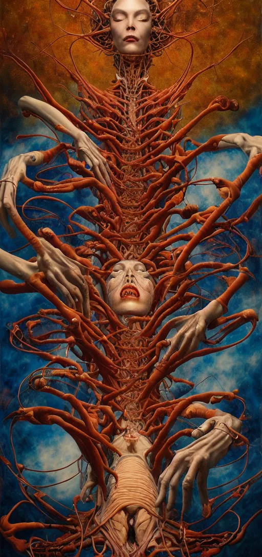 Image similar to a tall, fleshy anatomical figure with extra limbs, hovering in the air, zero gravity, neurons firing, rich colours, karol bak, mark brooks, hauntingly surreal, highly detailed painting by katsuhiro otomo, part by james jean, part by adrian ghenie, part by gerhard richter, soft light 4 k