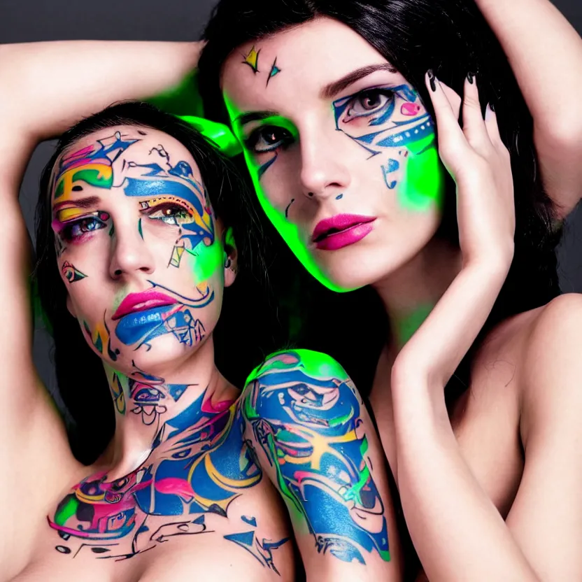 Image similar to the face of a beautiful cyborg woman with fluorescent tatoos