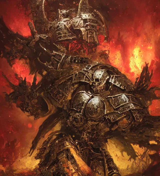 Image similar to battle scene portrait of armored heroes warhammer 4 0 k fight war fighting nurgle warrior, cesede, the chaos god of plague and decay, red chaos knight with cathedrals and columns, pestilence, champion, emperor, abbeys, elegant concept art by ruan jia