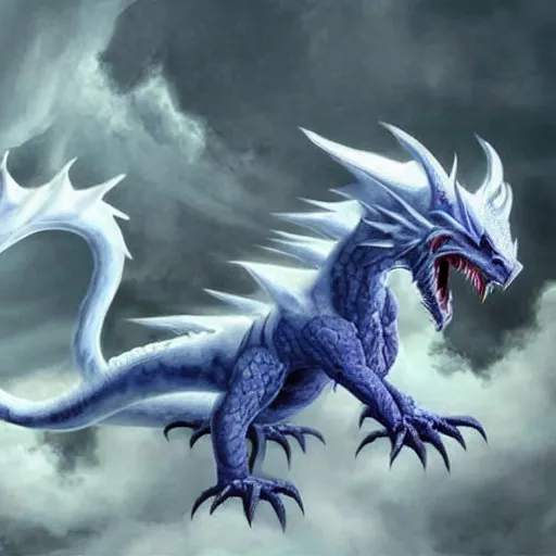 Prompt: a white dragon with piercing blue eyes that breathes purple fire, ultra realistic