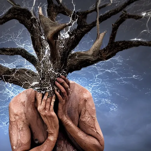 Image similar to The performance art shows a man caught in a storm, buffeted by wind and rain. He clings to a tree for support, but the tree is bent nearly double by the force of the storm. The man's clothing is soaked through and his hair is plastered to his head. His face is contorted with fear and effort. bismuth, deep blue by John Kenn Mortensen fantastic