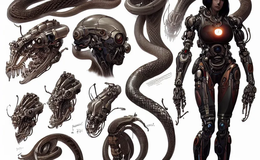 Image similar to Concept art character sheet of a cyborg biomechanical snake, sci-fi, highly detailed, digital painting, artstation, concept art, smooth, sharp focus, illustration, art by artgerm and greg rutkowski and alphonse mucha