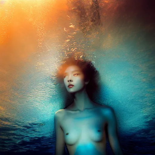 Prompt: A beautiful artistic underwater portrait by Zhang Jingna, volumetric lighting, golden light