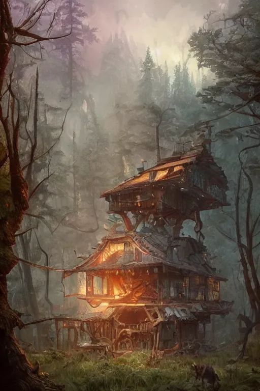 Image similar to a cheerful ramshackle multistory hut in the woods, well armored, intricate, elegant, fantasy, highly detailed, digital painting, concept art, sharp focus, illustration, beautiful volumetric lighting, magic hour lighting, colorful, artstation, art by artgerm and greg rutkowski