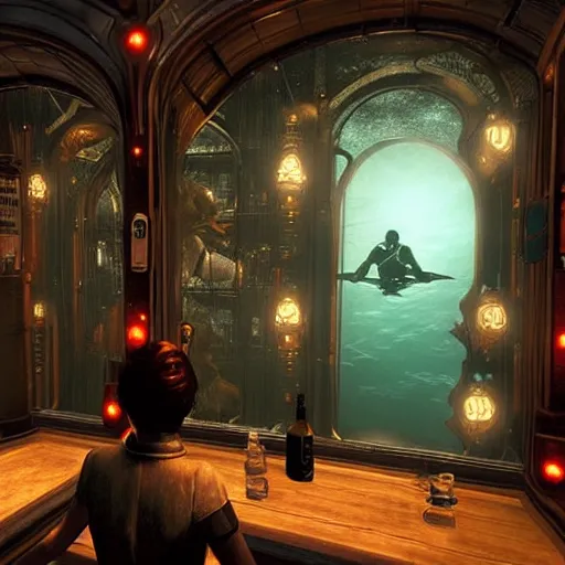 Image similar to In the world of rapture from the world of bioshock you are in a bar, there is a window that lets you see the whole city underwater and you are drinking a rum and coke